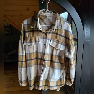 Anna-Kaci Plaid Button-Up Shacket in Mustard & Cream